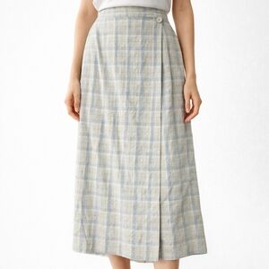 TALBOTS Blue Plaid Linen Wrap Midi Skirt 8 Coastal Preppy Boho